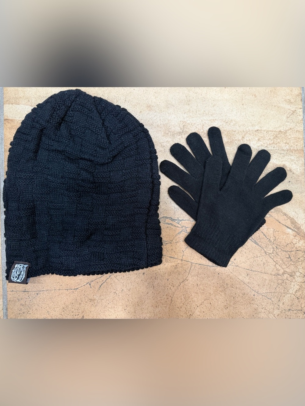 Kids Black Knit Beanie and Gloves Set